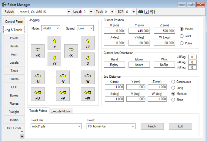 Epson RC+ Jog & Teach settings interface.