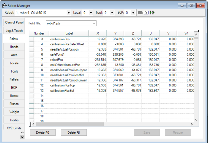 Epson RC+ Robot Manager 'Points' tab