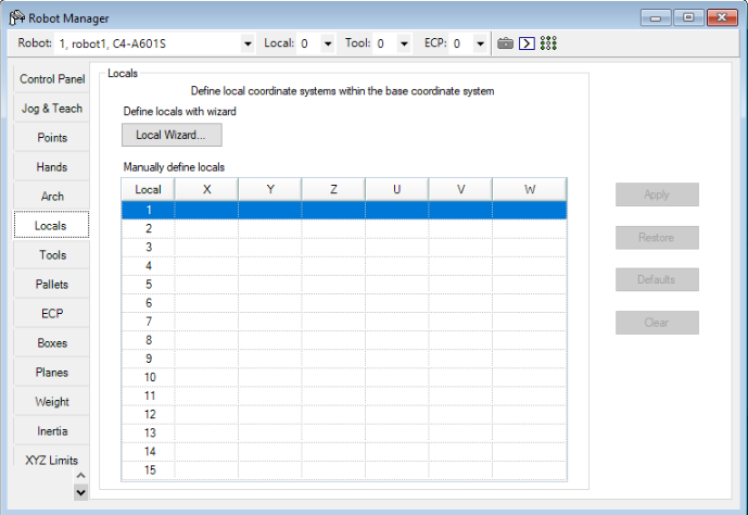 Epson RC+ Robot Manager 'Locals' tab interface