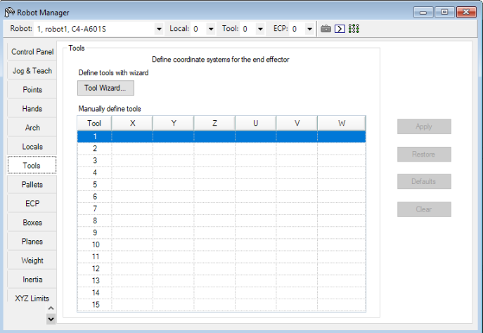 Epson RC+ Robot Manager 'Tools' tab interface