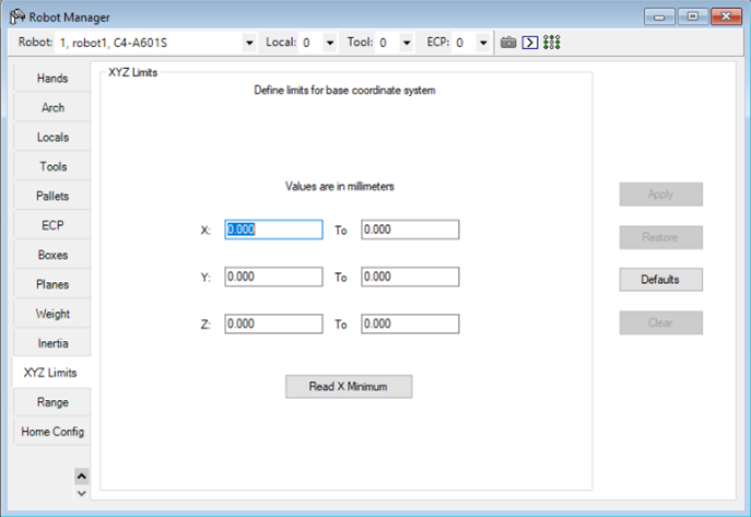 Epson RC+ Robot Manager 'XYZ Limites' tab interface