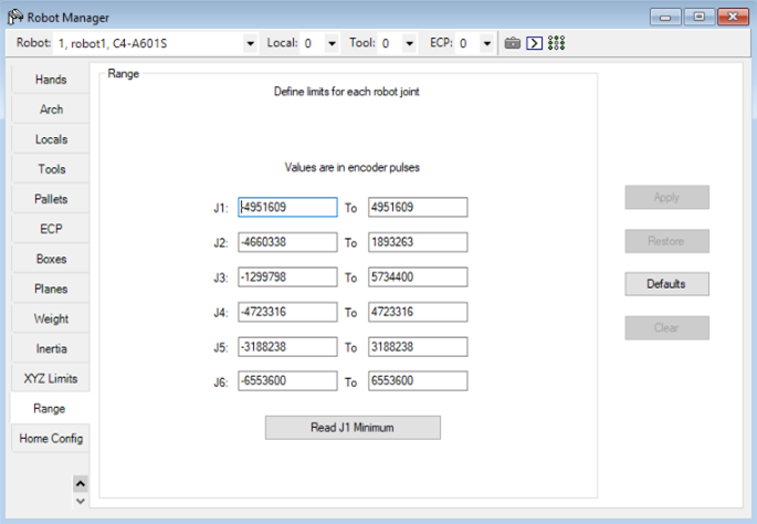 Epson RC+ Robot Manager 'Range' tab values