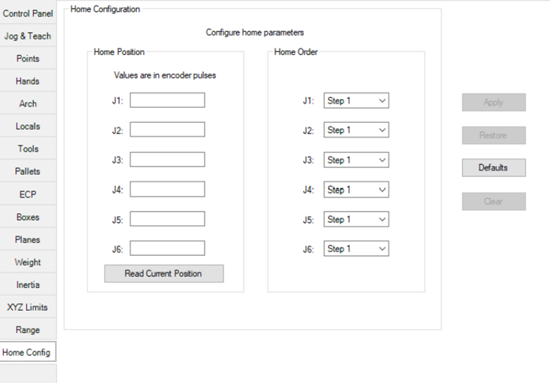 Epson RC+ Robot Manager 'Home Configuration' tab parameters