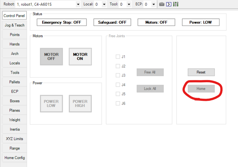 Epson RC+ Control Panel 'Home' button