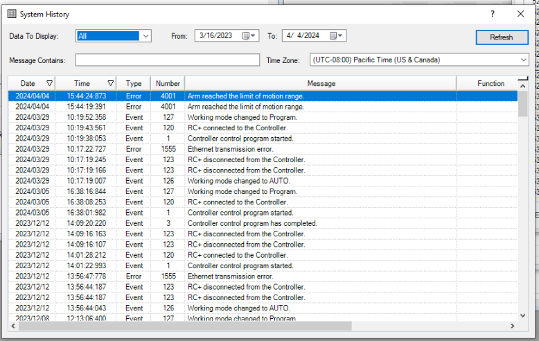 Epson RC+ System History window