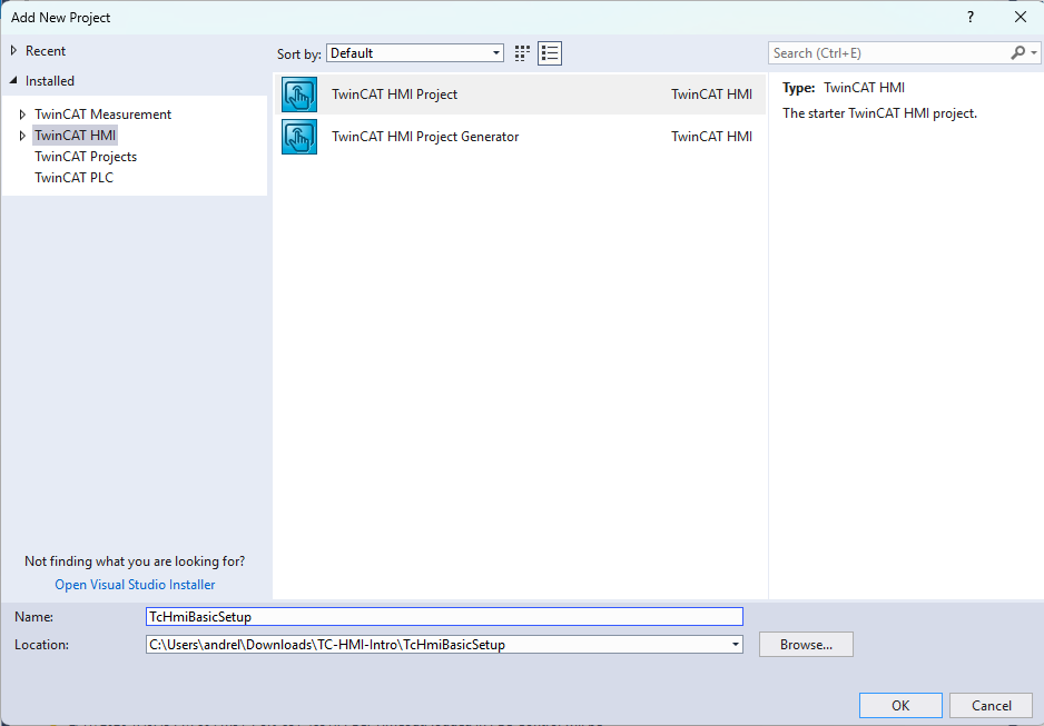 This image shows the "Add New Project" dialog box within the Beckhoff TwinCAT 3 engineering environment.