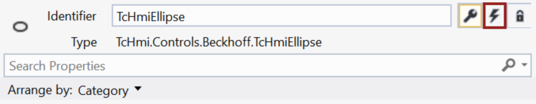 Image displaying the properties for a TcHmiEllipse control within the Beckhoff TwinCAT 3 HMI Engineering environment.