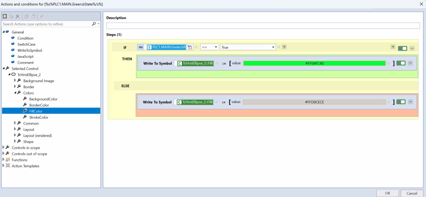This screenshot shows the Actions and Conditions Editor in Beckhoff's TwinCAT 3 HMI software
