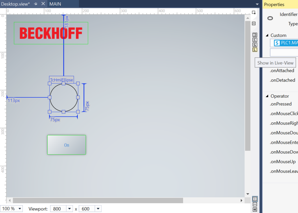 This image shows the Beckhoff TwinCAT HMI development environment, specifically the MAIN screen configuration area.