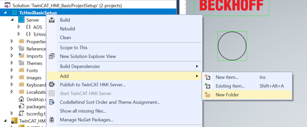 Screenshot showing the context menu within the Beckhoff TwinCAT 3 HMI Engineering environment, specifically under the Solution Explorer with "New Folder" highlighted.