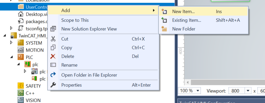 Image of a context menu in TwinCAT HMI Engineering within Visual Studio with "New Item" highlighted.