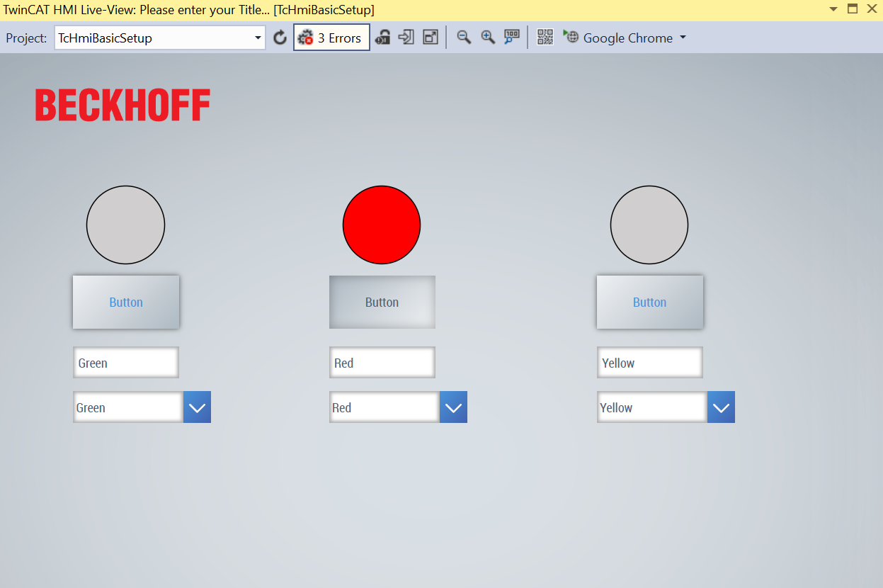 Image of Beckhoff TwinCAT HMI Live-View interface displaying a red indicator.