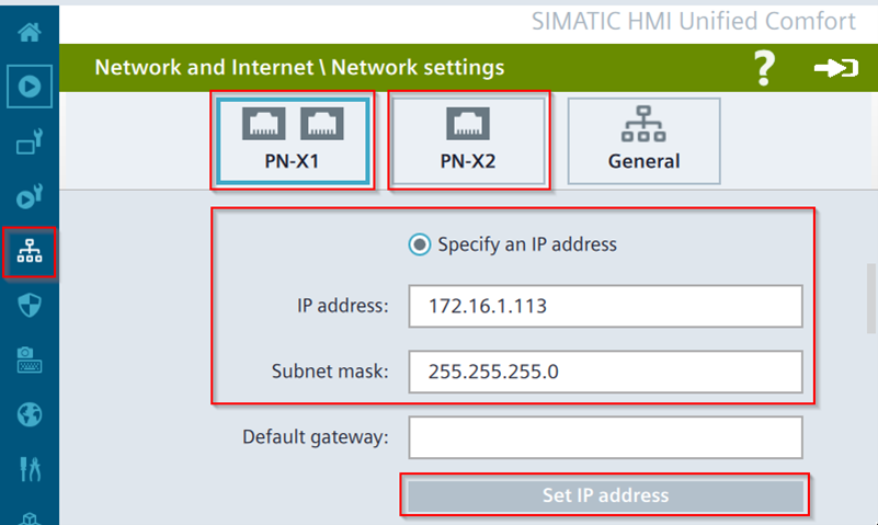 The network settings configuration screen for a Siemens SIMATIC HMI Unified Comfort panel displaying an IP address and Subnet mask.