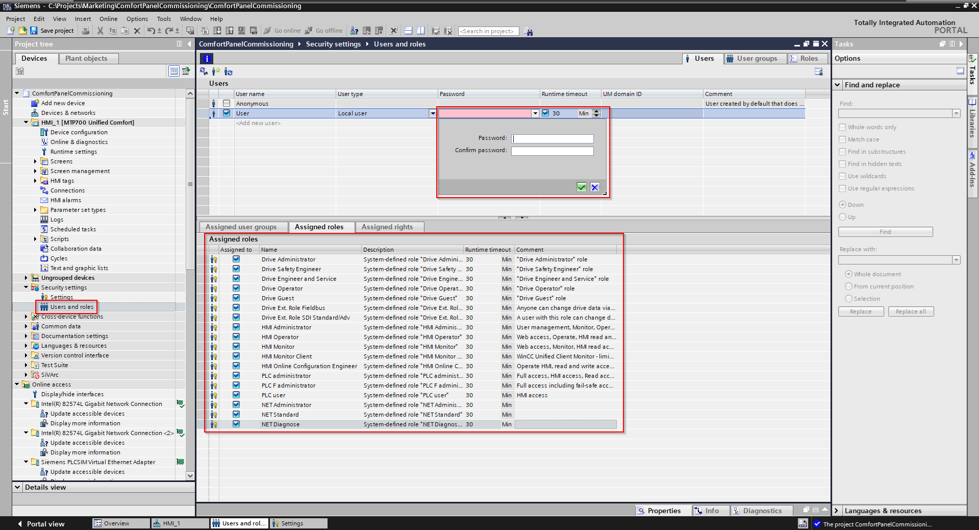 Siemens TIA Portal V20 user management configuration screen for a Unified Comfort Panel showing create password dialogue box.