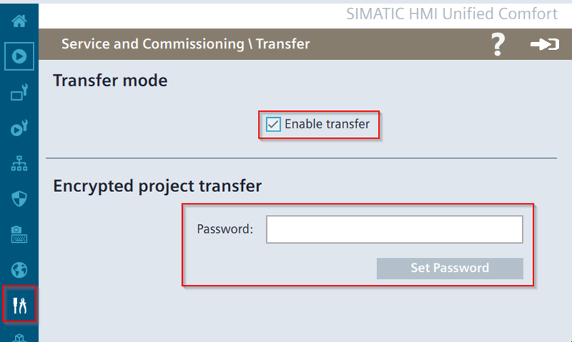 This screen is from the Siemens SIMATIC HMI Unified Comfort panel's Service and Commissioning menu with a red box around 'Enable transfer' and a password field.