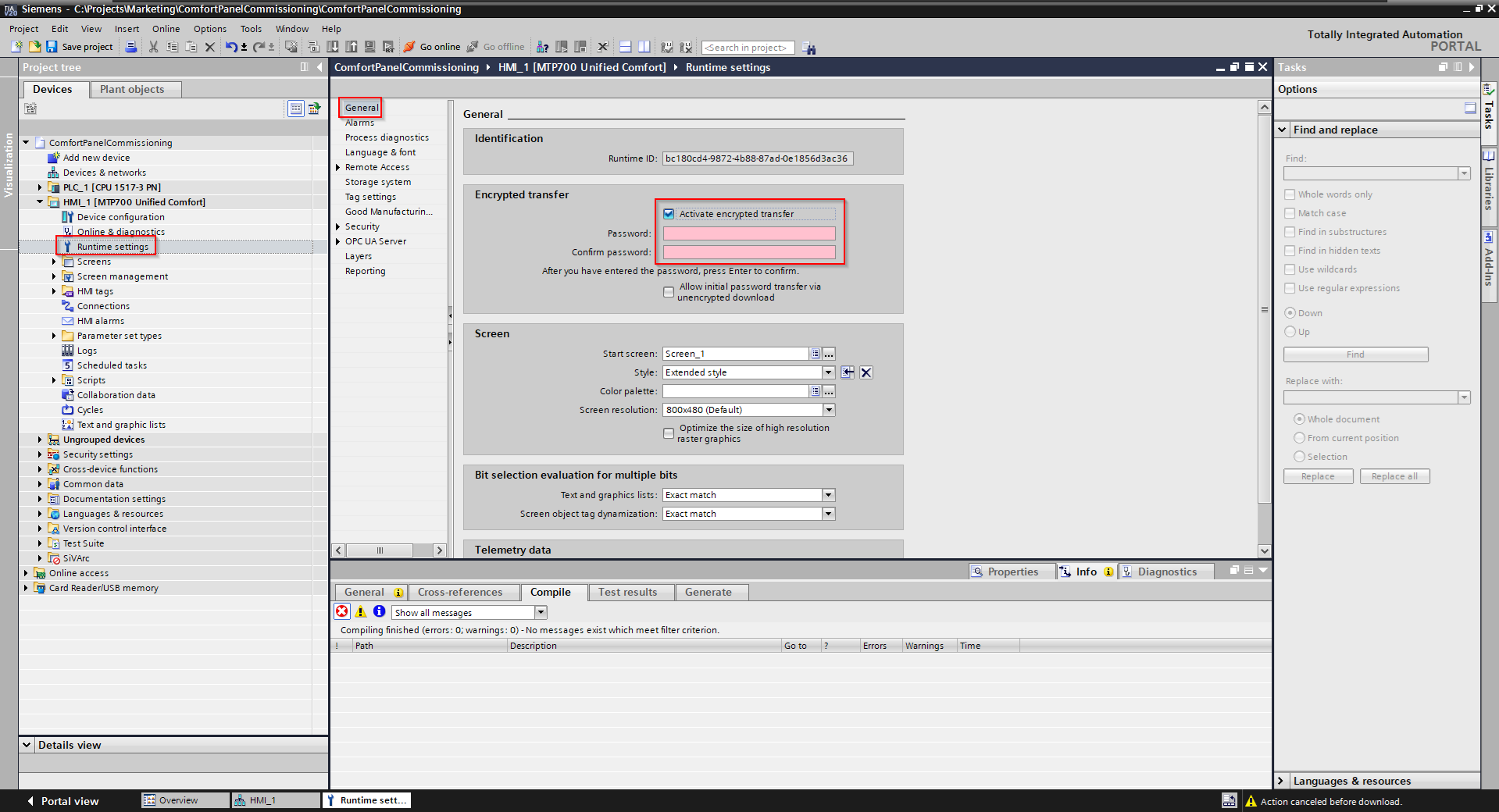 The General runtime settings for a Siemens SIMATIC HMI Unified Comfort Panel within the TIA Portal engineering software.