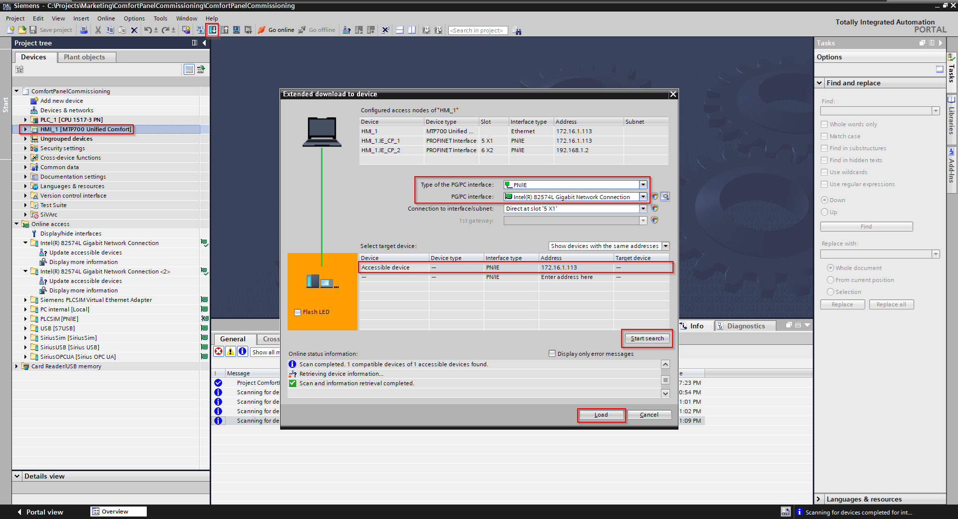Siemens TIA Portal software interface during an "Extended download to device" operation.