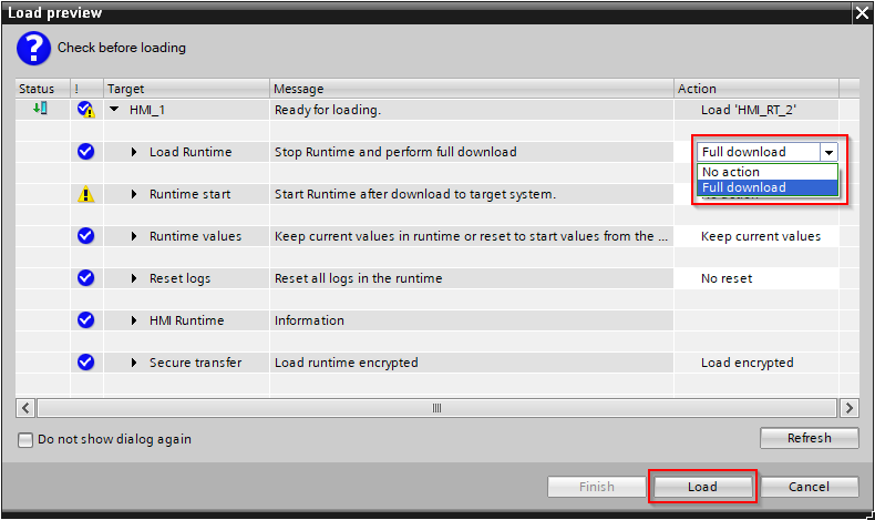 Load Preview dialog box in Siemens TIA Portal software, showing the steps required to transfer a project to an HMI device.