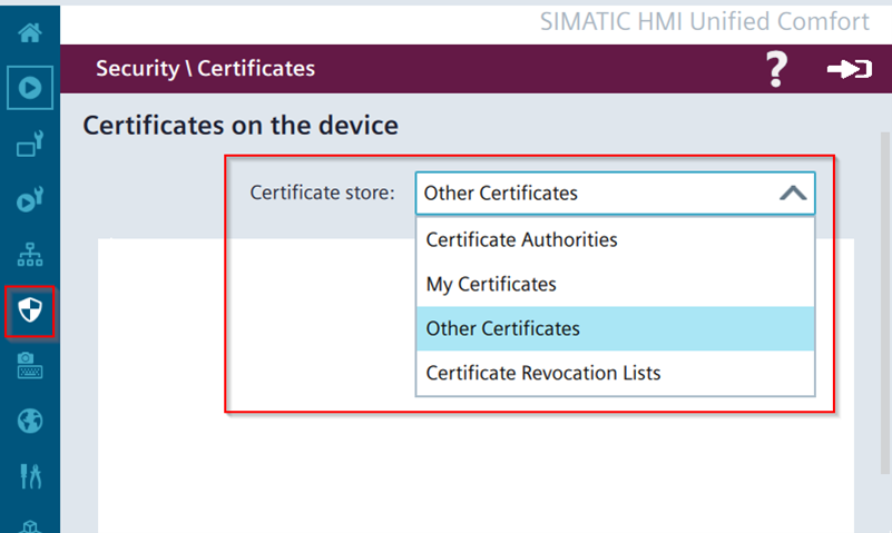 Security > Certificates section of a Siemens SIMATIC HMI Unified Comfort Panel configuration screen with 'Other Certificates' selected form a Certificates dropdown menu,