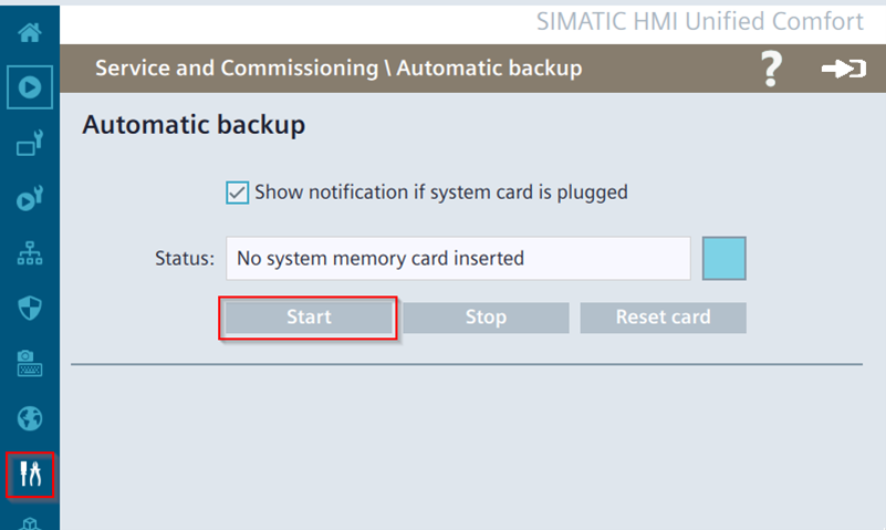 Automatic backup status with the 'Start' button highlighted.