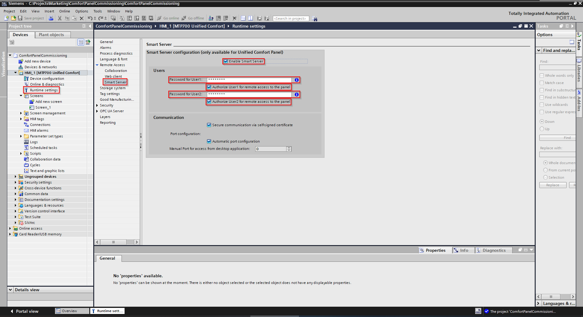 WinCC Unified Sm@rtServer configuration settings for a Siemens SIMATIC HMI Unified Comfort Panel with user password fields highlighted.