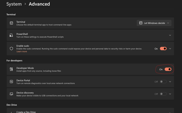 Advanced system settings in Windows, specifically highlighting options for developers and terminal management.
