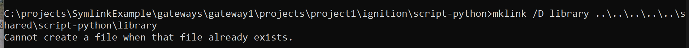 The error message "Cannot create a file when that file already exists" indicates that a symbolic link or file named library already exists in the destination directory.