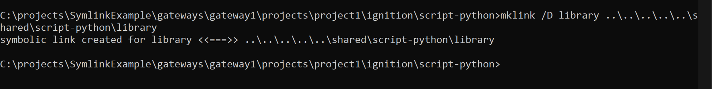 GIT command used to successfully create a symbolic link to a folder.
