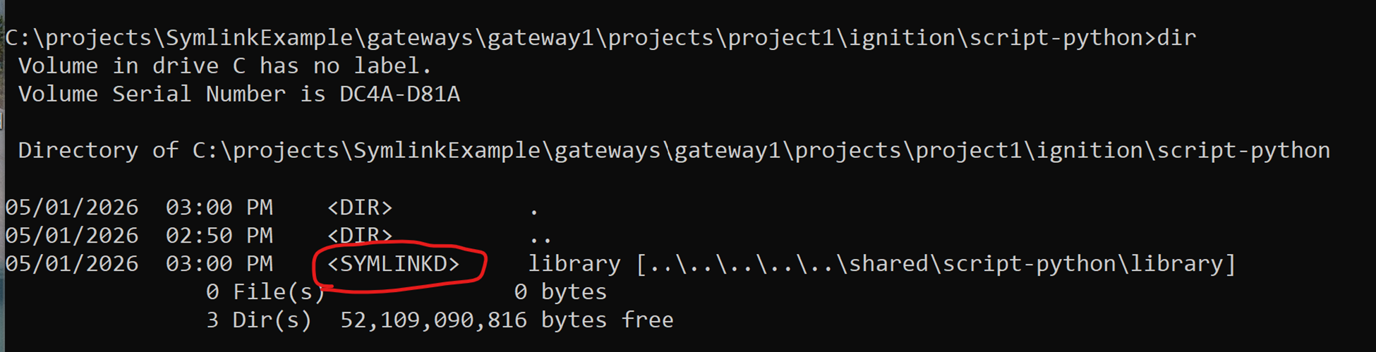 A [dir] command output shows a directory listing in a Windows Command Prompt, highlighting a symbolic link.