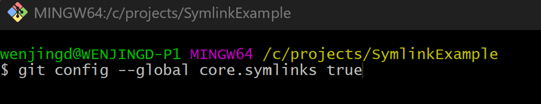 Open command window with Git command to enable the use of symbolic links across all repositories on a machine.