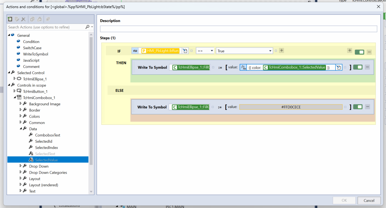 Image showing the Actions and Conditions editor within Beckhoff TwinCAT 3 HMI Engineering (TE2000).
