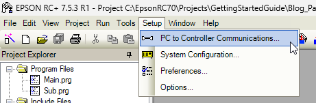 The image shows the Epson RC+ Integrated Development Environment (IDE) used for programming and managing Epson robot projects.
