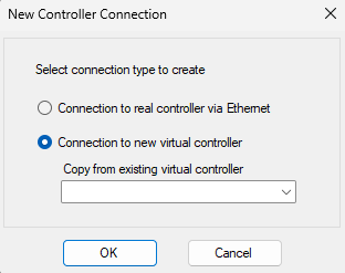 Image of a dialog box in Epson RC+ used to configure communications between a computer and a robot controller, specifically for creating a simulation environment.