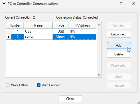 Image of PC to Controller Communications window for Epson RC+ software, used for configuring robot connections
