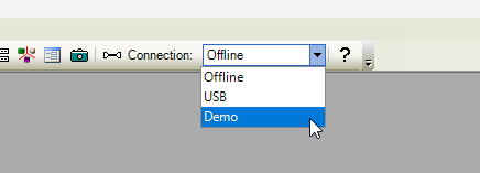 Screenshot of Device Connection Selector with "Demo" highlighted in the dropdown.