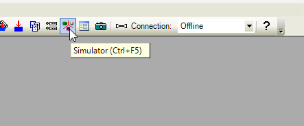 The image displays a toolbar from Epson RC+ program with the Simulator icon selected.