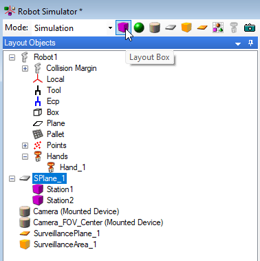 Screenshot showing the Layout Objects pane within the Epson Robot Simulator software.