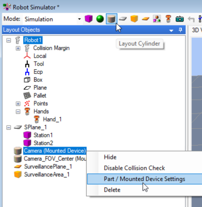 Image displaying a right-click context menu within Epson RC+. The menu options allow for managing a "Camera (Mounted Device)" within the simulation layout.
