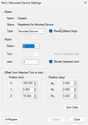 Screenshot of a dialogue box in Epson RC+ allowing a user to configure a "Camera" object within a robot simulation environment.