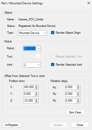 Screenshot of a dialogue box in Epson RC+ allowing a user to configure a "Camera_FOV_Center" object within a robot simulation environment.