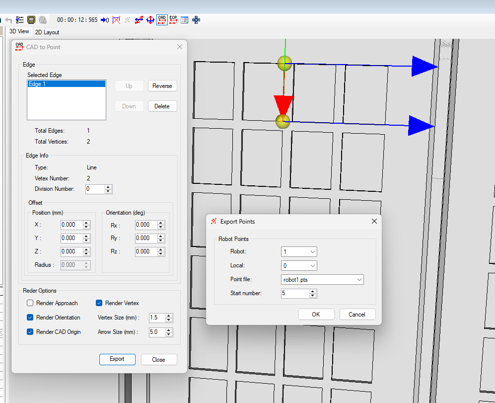 Epson RC+ Robot Simulator showing CAD‑to‑Point conversion, with a 3D model grid and a robot toolpath highlighted between two selected points.