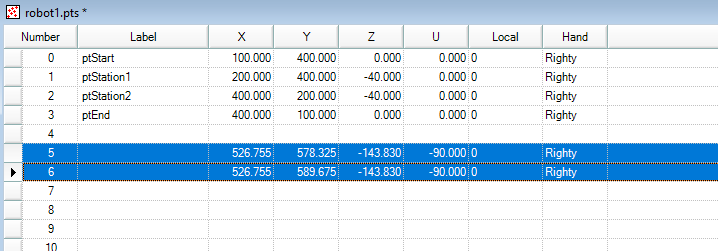 Point list table in Epson RC+ showing robot positions with X, Y, and Z coordinates, including labeled points and two selected rows for editing.