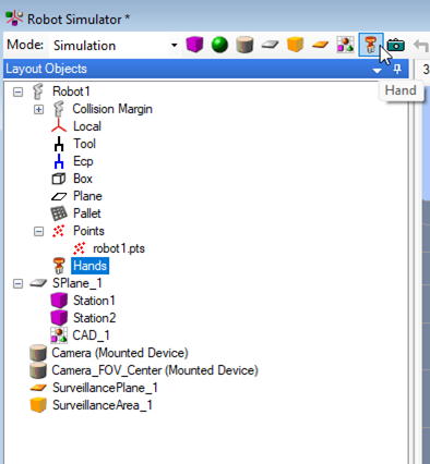 Project browser tree in the Epson RC+ Robot Simulator showing the “Hands” component selected under Robot 1 for end‑of‑arm tooling configuration.