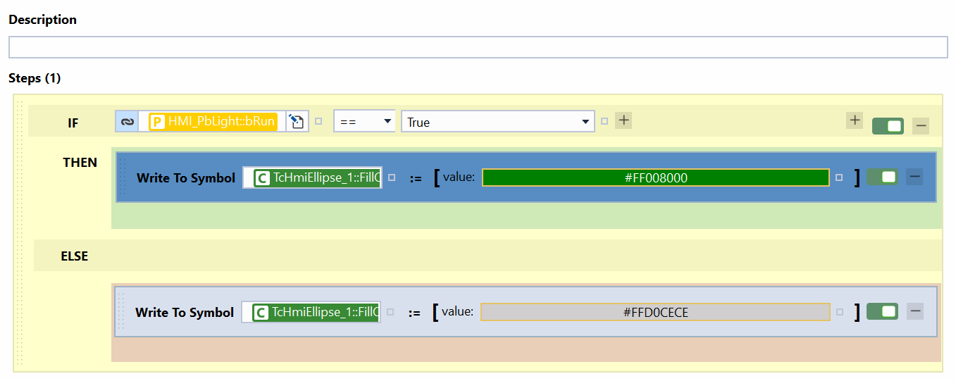 Screenshot displaying a Conditional (IF/THEN/ELSE) logic block within Beckhoff TwinCAT HMI.