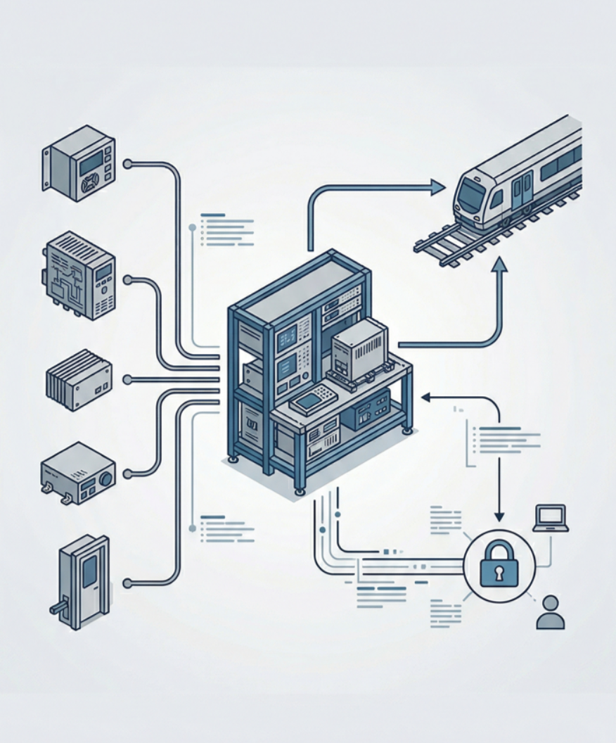Image depicting an integrated industrial control and monitoring system designed for transportation infrastructure. It illustrates how various field devices connect to a central server and a secure user interface.