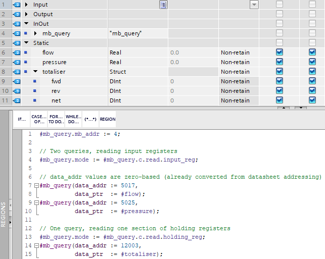 Image showing a Siemens TIA Portal programming environment, specifically focusing on the interface and Structured Control Language (SCL) code for a Modbus TCP or RTU communication block.