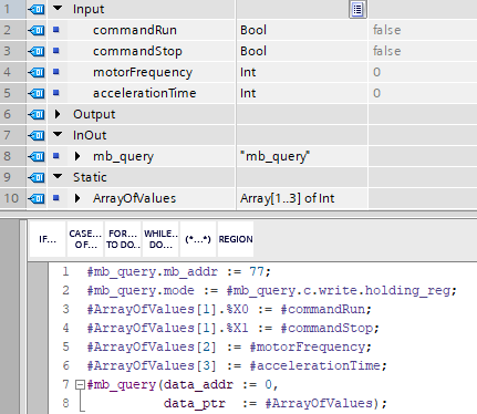 Image showing a Siemens TIA Portal interface, specifically a Function Block (FB) or Function (FC) being programmed in Structured Control Language (SCL).
