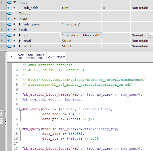 Image showing a Siemens TIA Portal environment with a Structured Control Language (SCL) block designed to control Auma actuators via Modbus RTU.