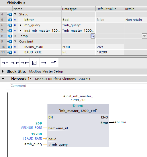 Image displaying a function block (FB) configuration for a Modbus master communication setup in Siemens TIA Portal.