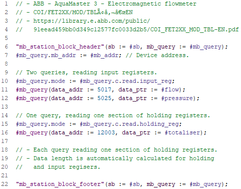 Image of a code snippet for a Siemens PLC (S7-1200/1500) using a custom library to interface with an ABB AquaMaster 3 Electromagnetic Flowmeter via Modbus RTU or TCP.